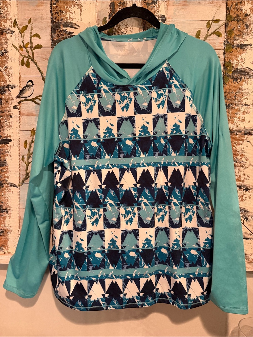 Womens Teal Hooded Geometric Print Pullover